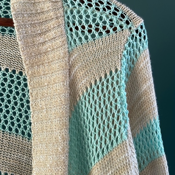 Say What? Cream and Blue Cardigan Sweater with Waterfall Front - Picture 2 of 4